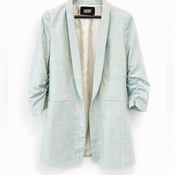 DKNY Mint Plaid Ruched Sleeve Blazer Size 10 Tailored Jacket - Picture 2 of 7